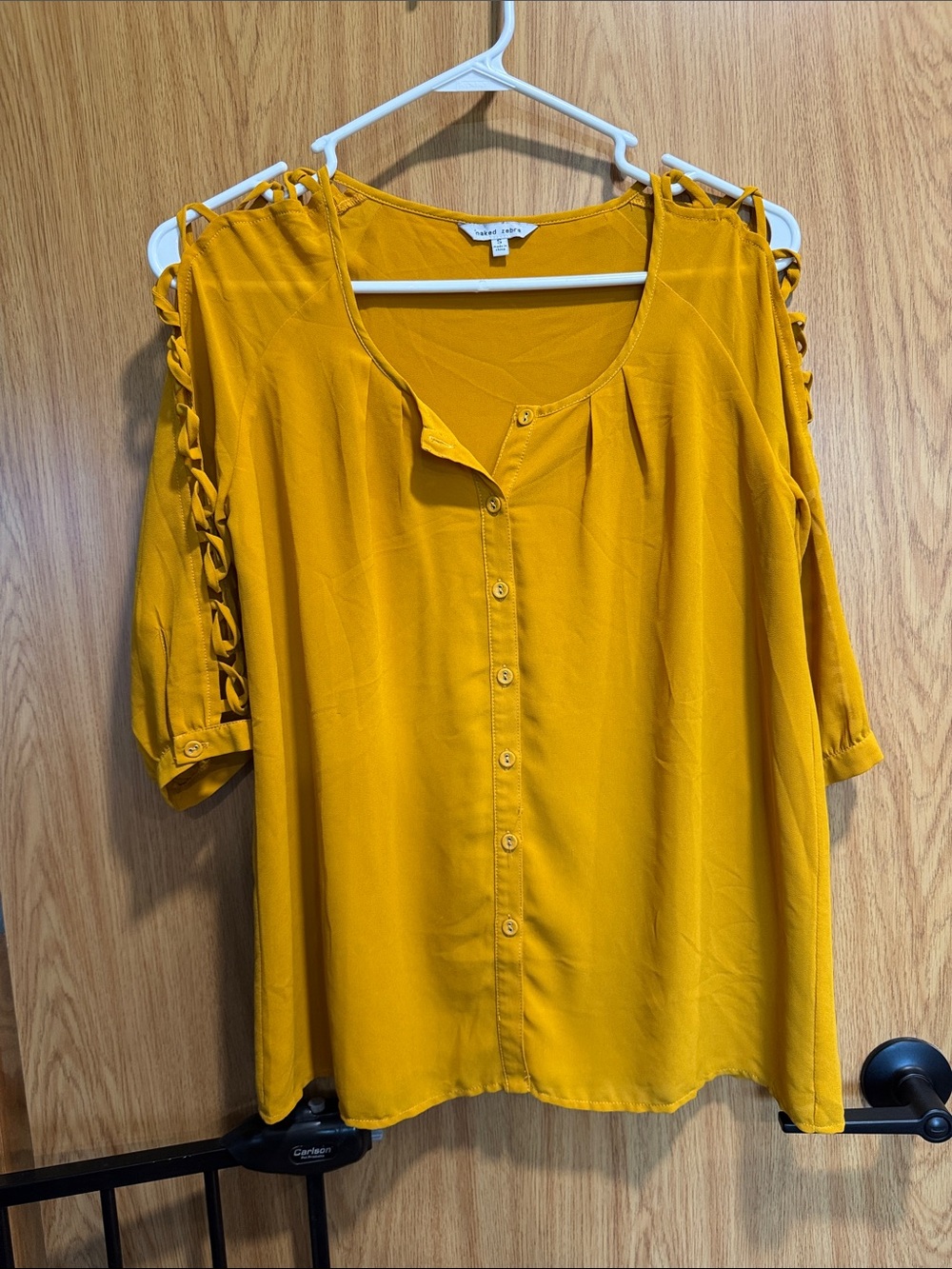 Naked Zebra Mustard Button-Front Cold-Shoulder Blouse with sleeve hole design